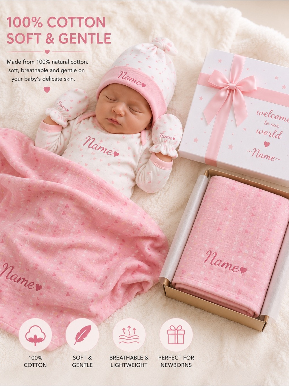 Personalized Pink Cotton Baby Gift Set